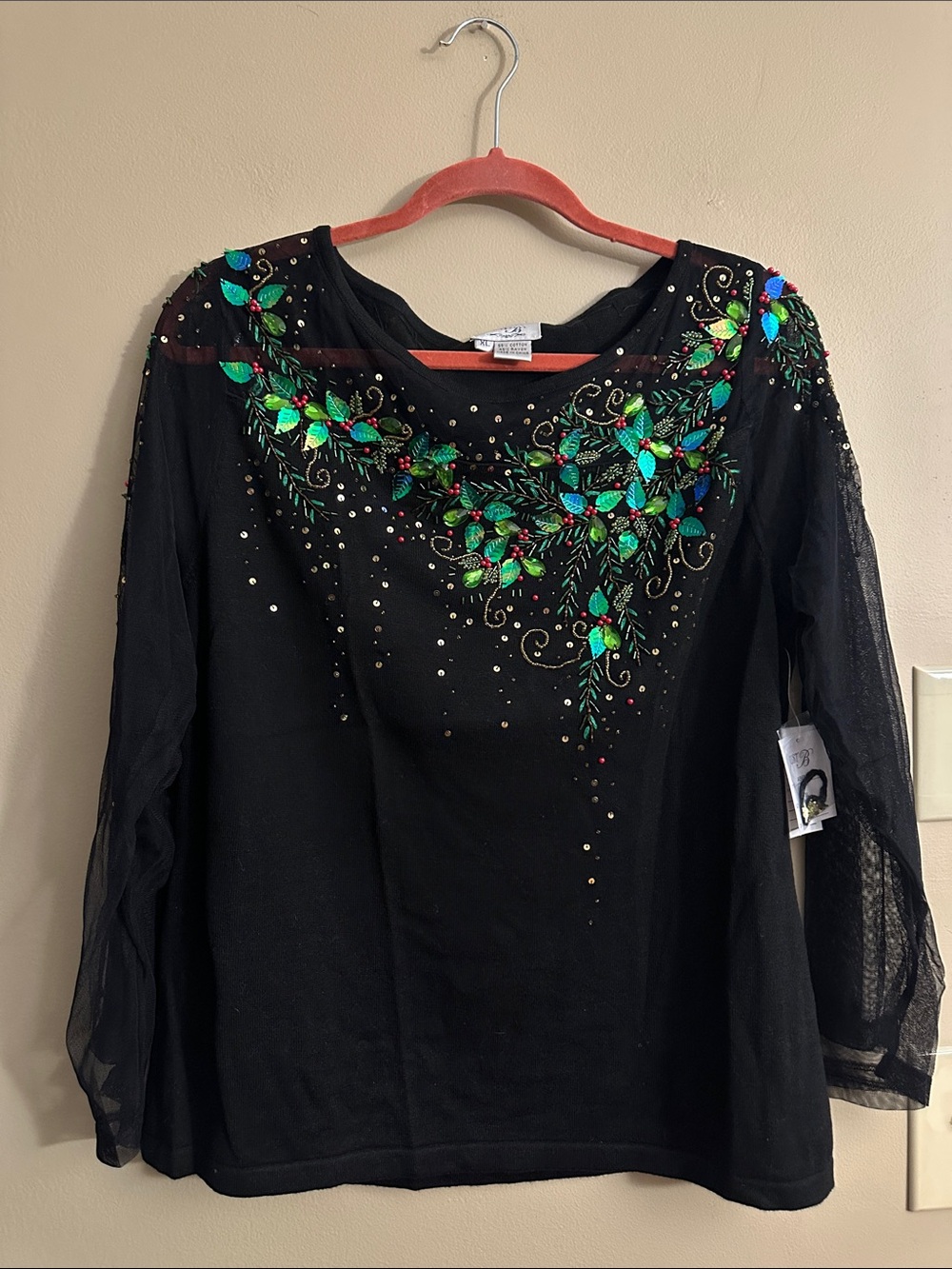 Black Women's Long-Sleeve Top with Green Sequin Leaf Embroidery